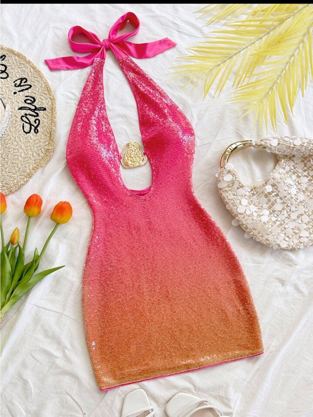 Hot Pink to Orange Sequin Halter Mini Dress size XS BNWOT